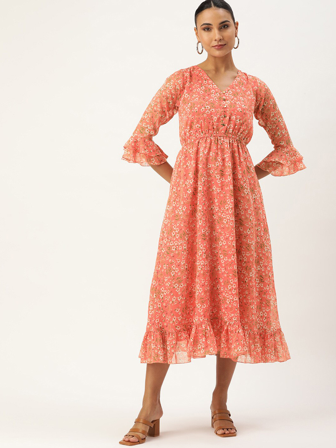 

ROVING MODE Floral Print Bell Sleeve Georgette Fit & Flare Midi Dress, Orange