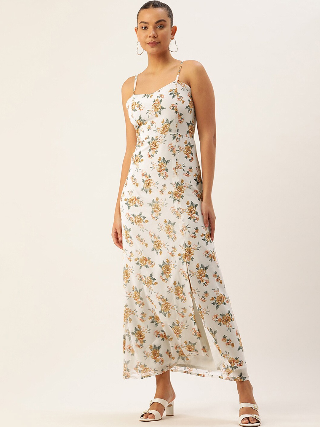 

ROVING MODE Floral Printed Shoulder Straps Georgette Maxi Dress, White