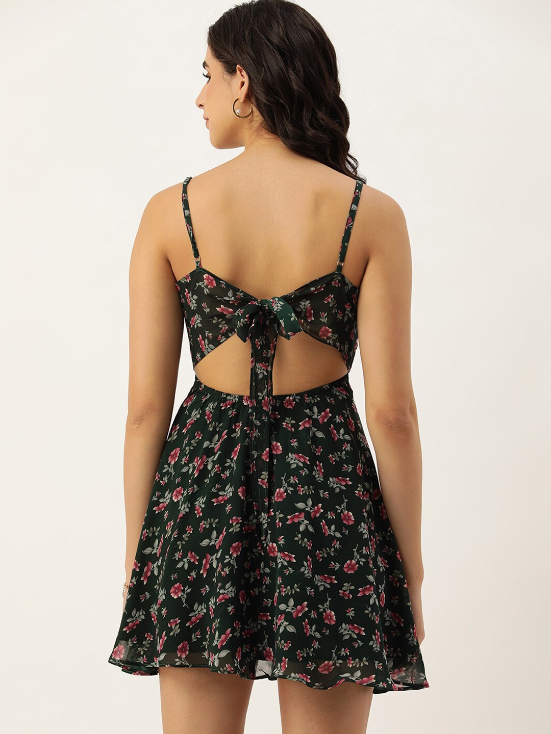 ROVING MODE Floral Printed Georgette Fit & Flare Dress, Green