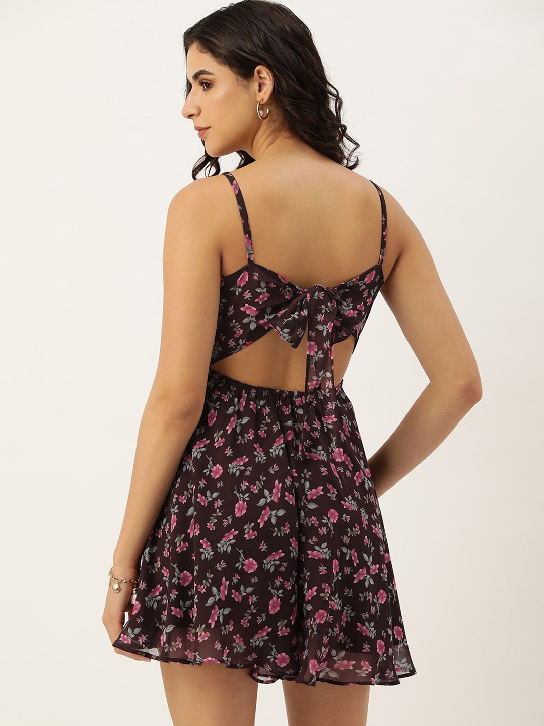 

ROVING MODE Floral Print Georgette Fit & Flare Mini Dress, Brown