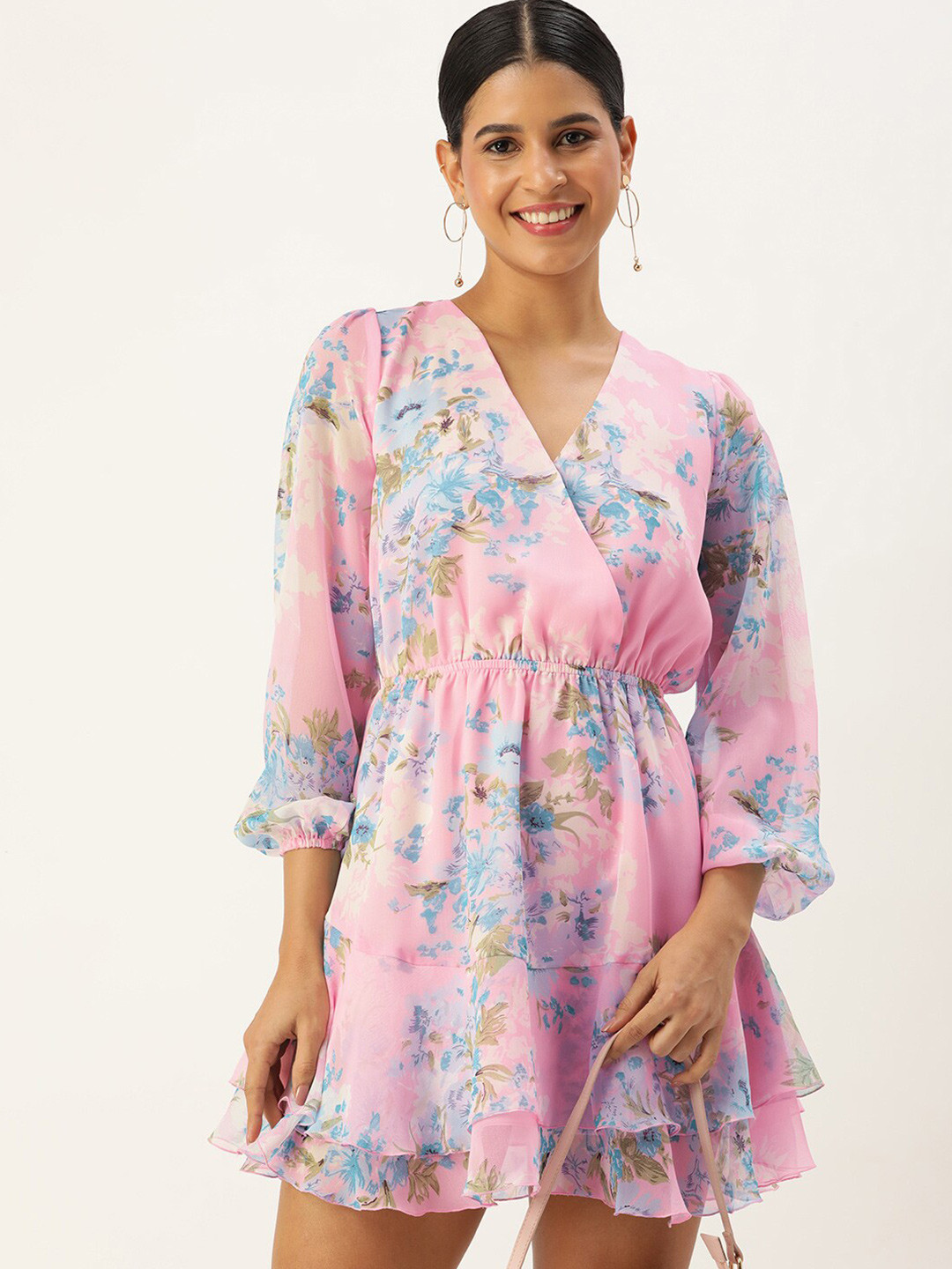 

ROVING MODE Floral Print Bell Sleeve Georgette Fit & Flare Dress, Pink