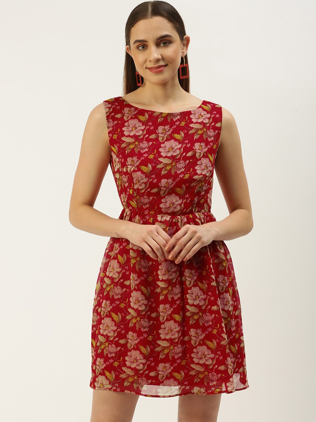 

ROVING MODE Floral Printed Georgette Mini Fit & Flare Dress, Red