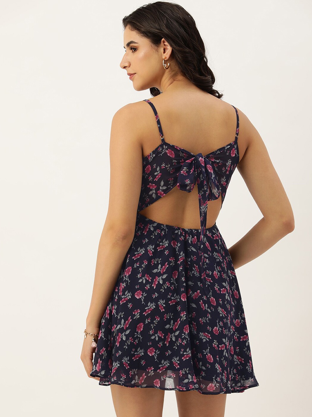 

ROVING MODE Floral Printed Shoulder Straps Fit & Flare Dress, Navy blue