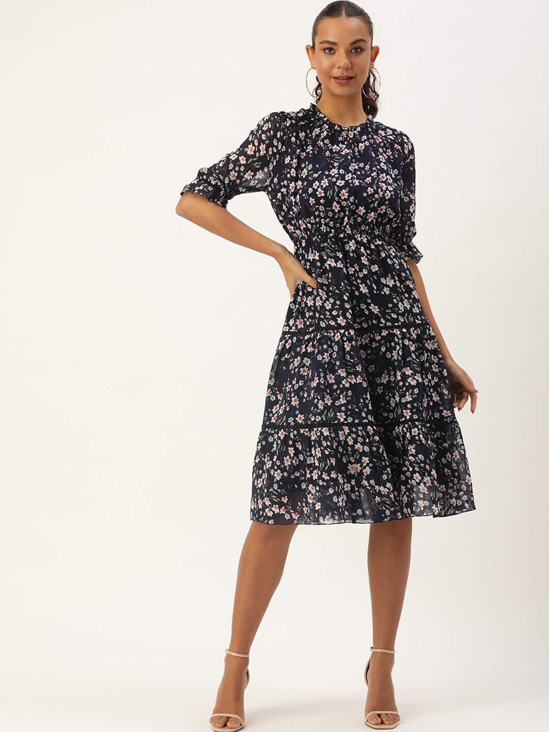 

ROVING MODE Floral Print Georgette Fit & Flare Dress, Navy blue