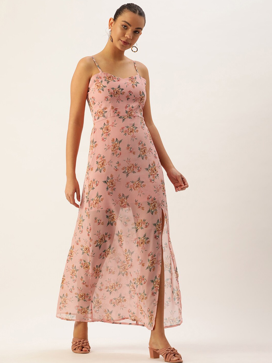 ROVING MODE Floral Printed Shoulder Straps Georgette Maxi Dress, Pink