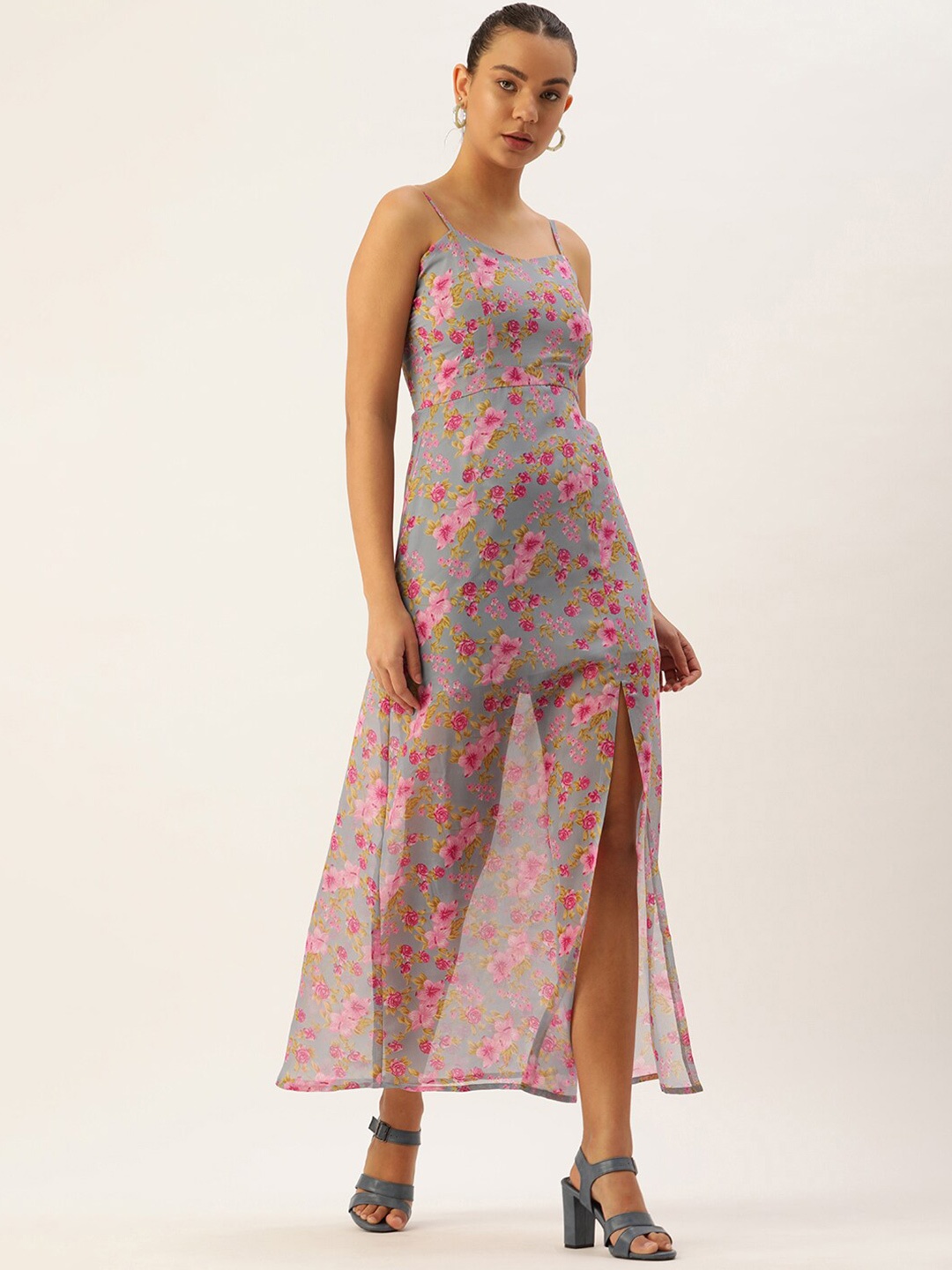 

ROVING MODE Floral Printed Shoulder Straps Georgette Maxi Dress, Grey