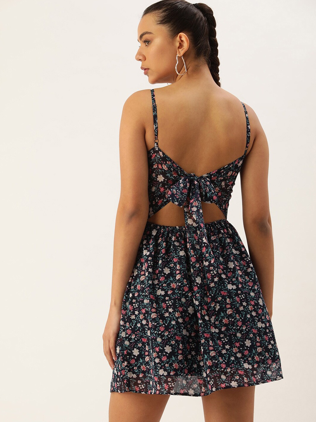 

ROVING MODE Floral Print Georgette Fit & Flare Dress, Navy blue
