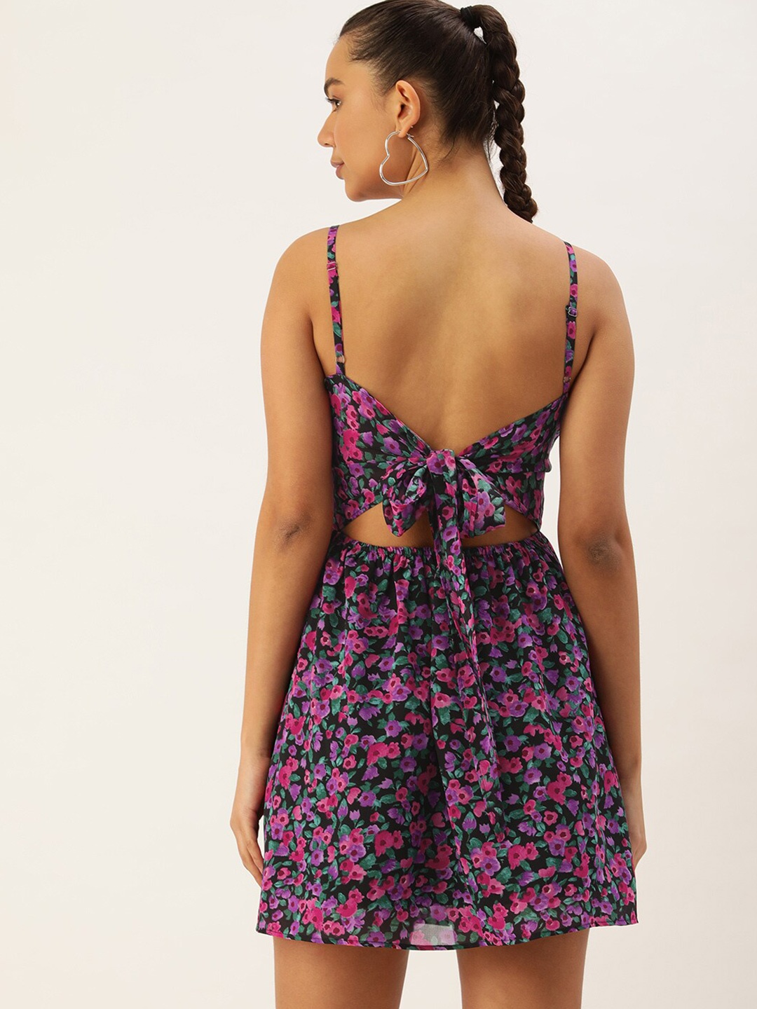 

ROVING MODE Floral Printed Shoulder Straps Georgette Fit & Flare Dress, Purple
