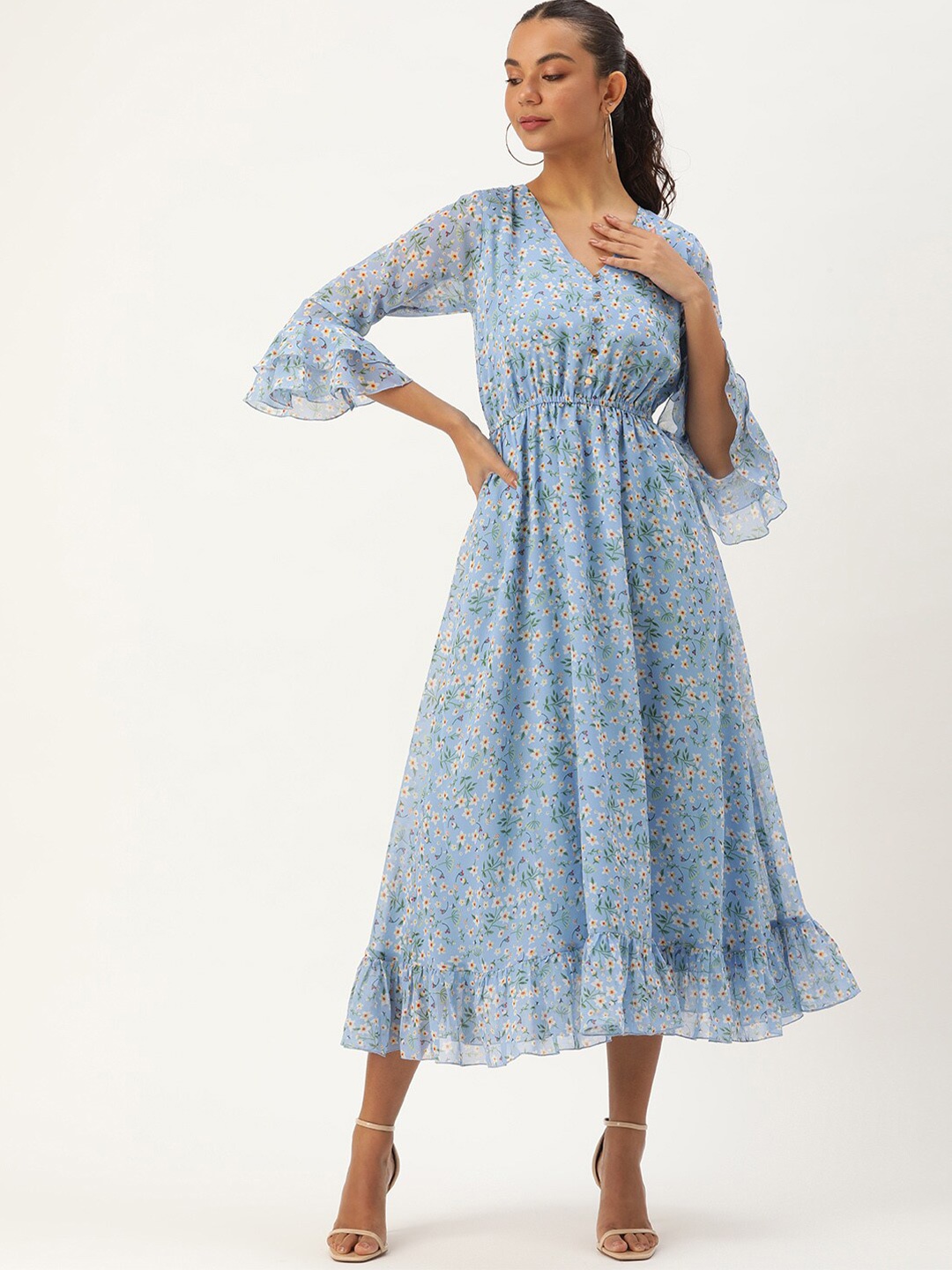 

ROVING MODE Floral Print Bell Sleeve Georgette Fit & Flare Midi Dress, Blue