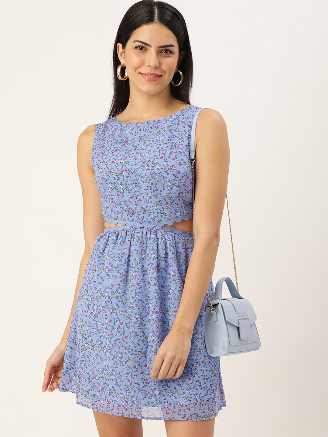 

ROVING MODE Floral Print Georgette Fit & Flare Dress, Blue