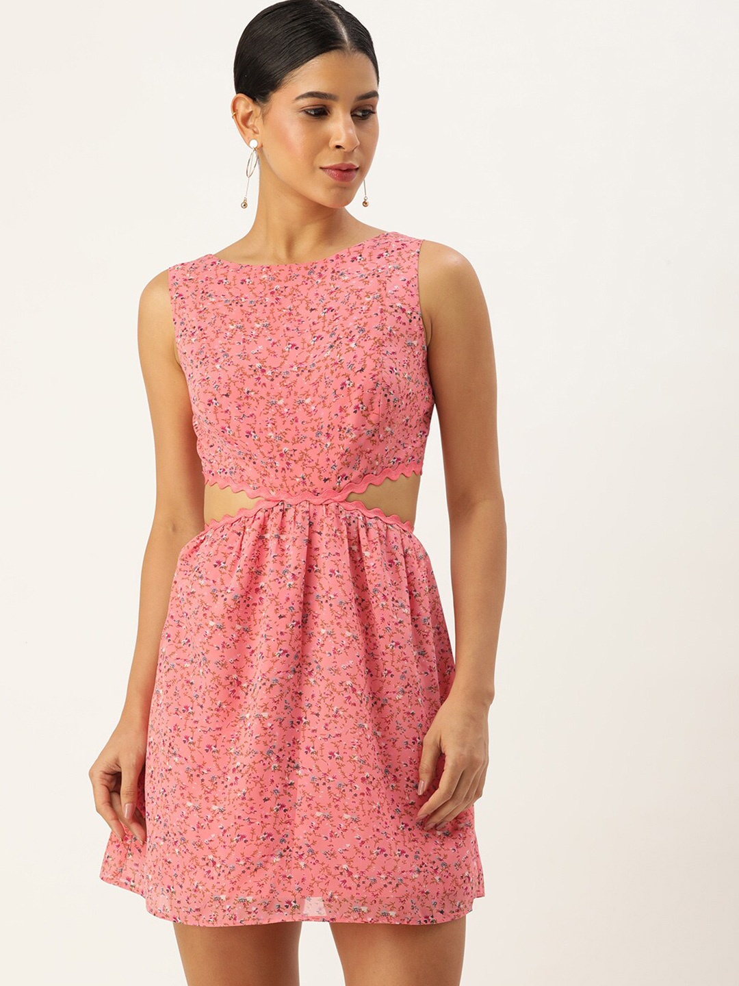 

ROVING MODE Floral Print Georgette Fit & Flare Dress, Peach