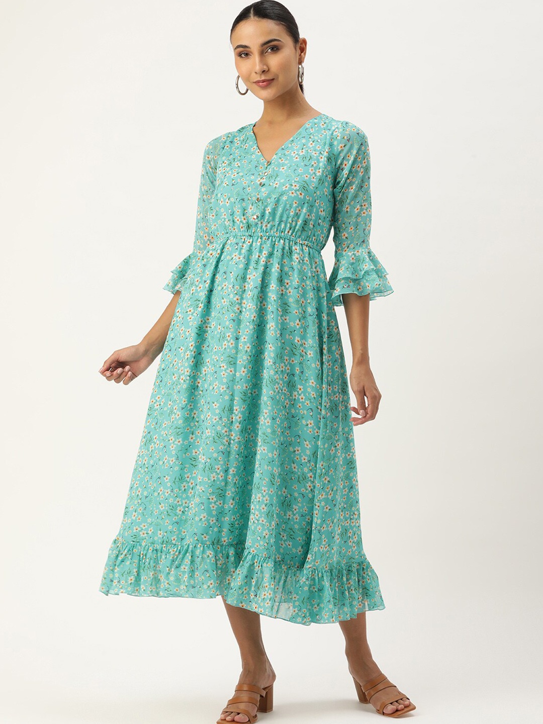 

ROVING MODE Floral Printed Bell Sleeves Fit & Flare Midi Dress, Sea green
