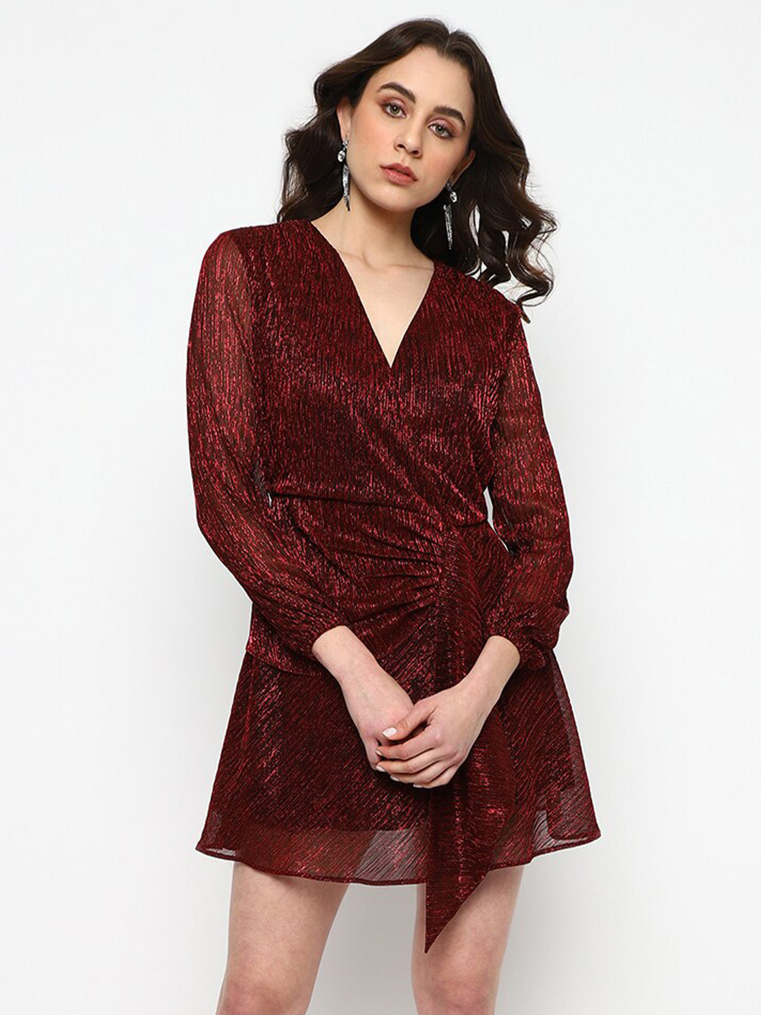 

ROVING MODE Self Design V-Neck Wrap Party Dress, Maroon