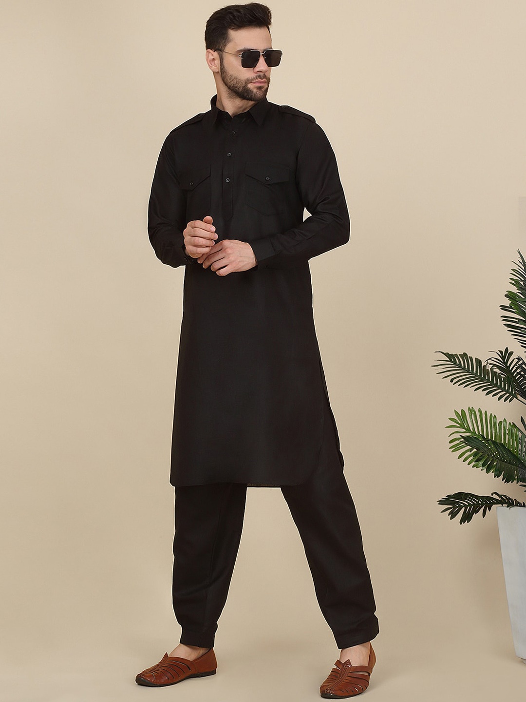 

KRAFT INDIA Shirt Collar Pure Cotton Pathani Kurta With Salwar, Black