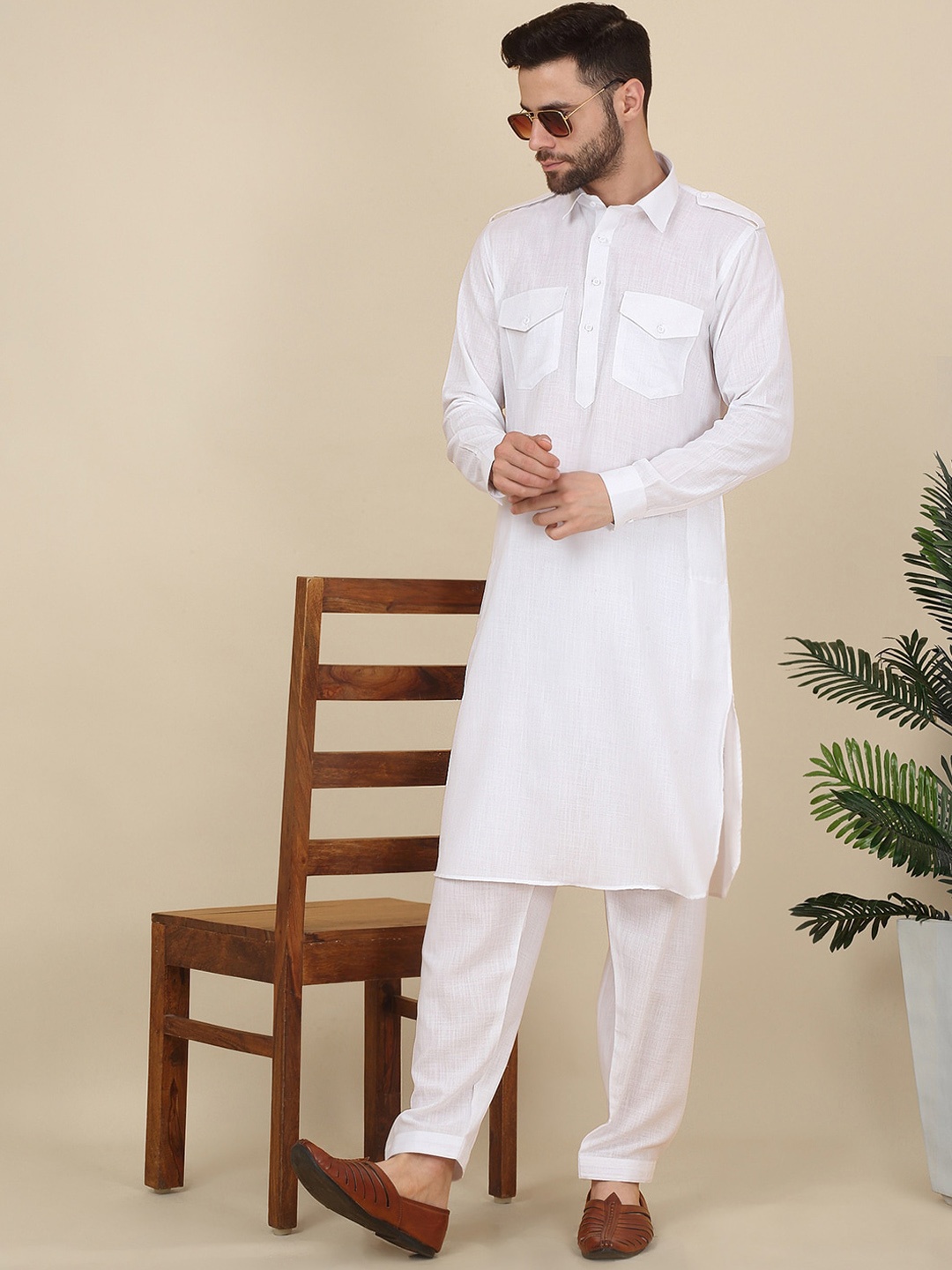 

KRAFT INDIA Shirt Collar Cuffed Sleeves Pure Cotton Pathani Kurta With Salwar, White