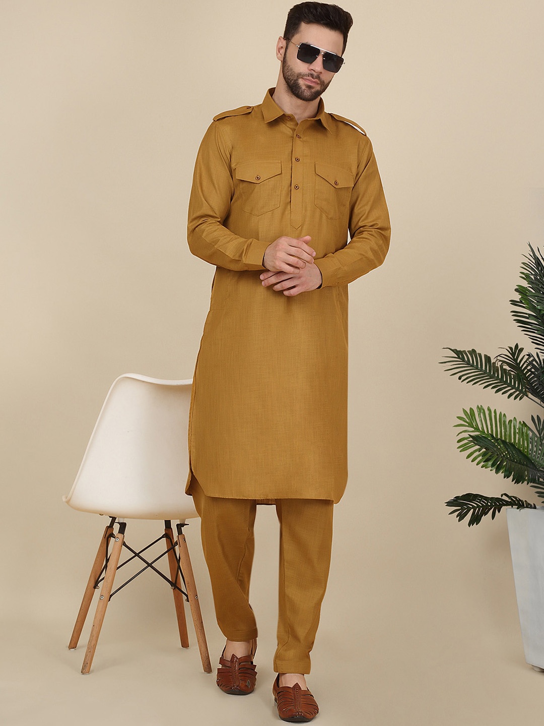 

KRAFT INDIA Shirt Collar Pure Cotton Pathani Kurta With Salwar, Mustard