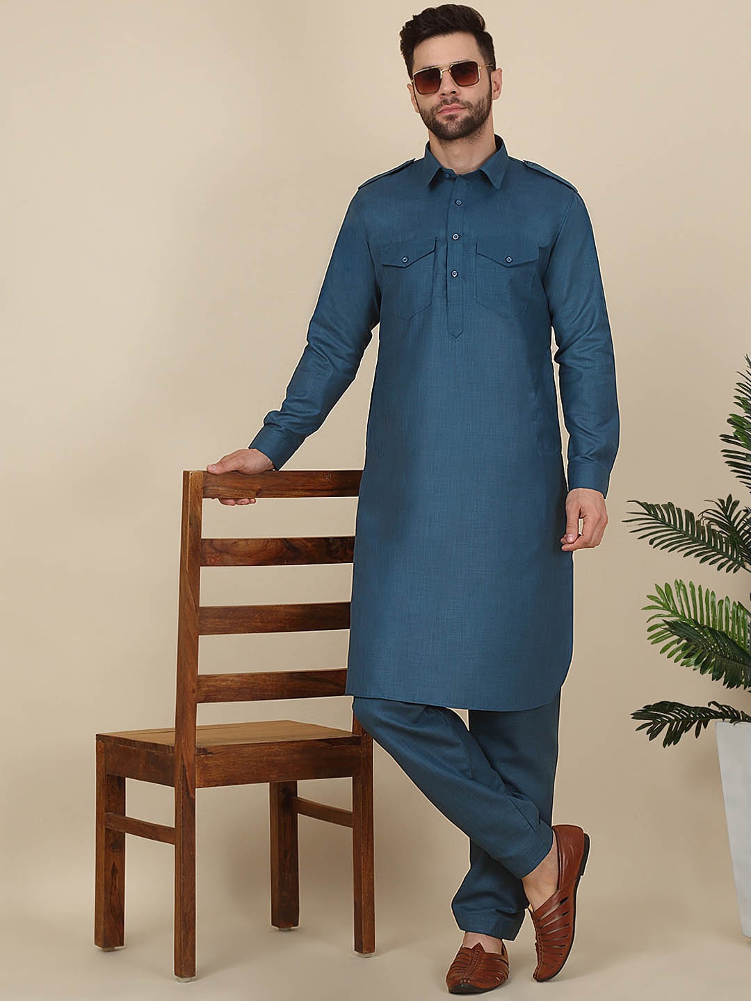 

KRAFT INDIA Shirt Collar Pure Cotton Pathani Kurta with Salwar, Blue