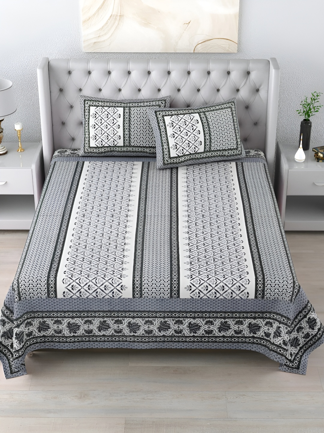 

LIVING ROOTS Double King Size Jaipur Block Print Cotton Double Bedsheet & 2 Pillow Covers, Grey