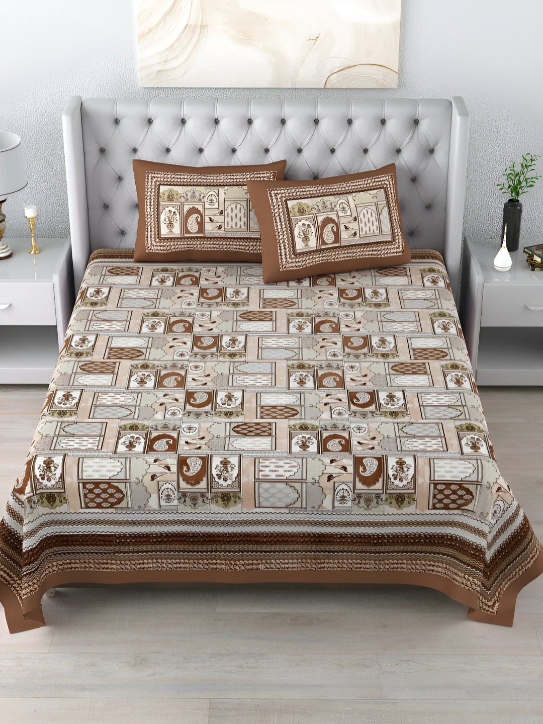 

LIVING ROOTS Double King Size Jaipur Block Print Cotton Double Bedsheet & 2 Pillow Covers, Bronze