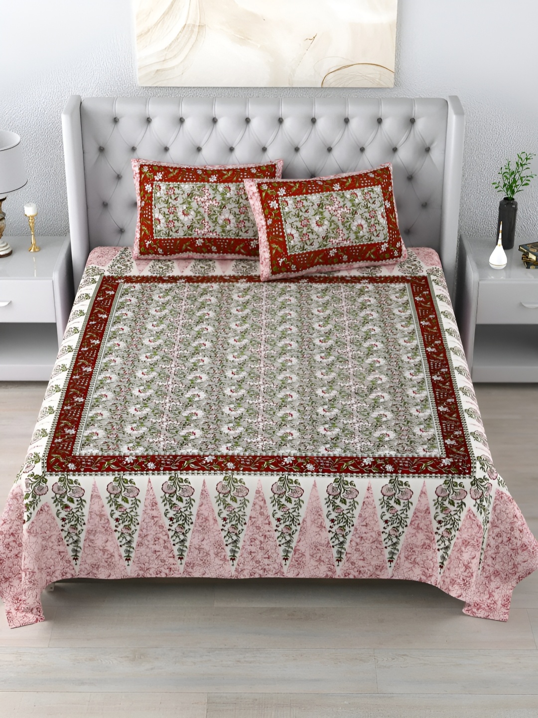 

LIVING ROOTS Double King Size Jaipur Block Print Cotton Double Bedsheet & 2 Pillow Covers, Pink