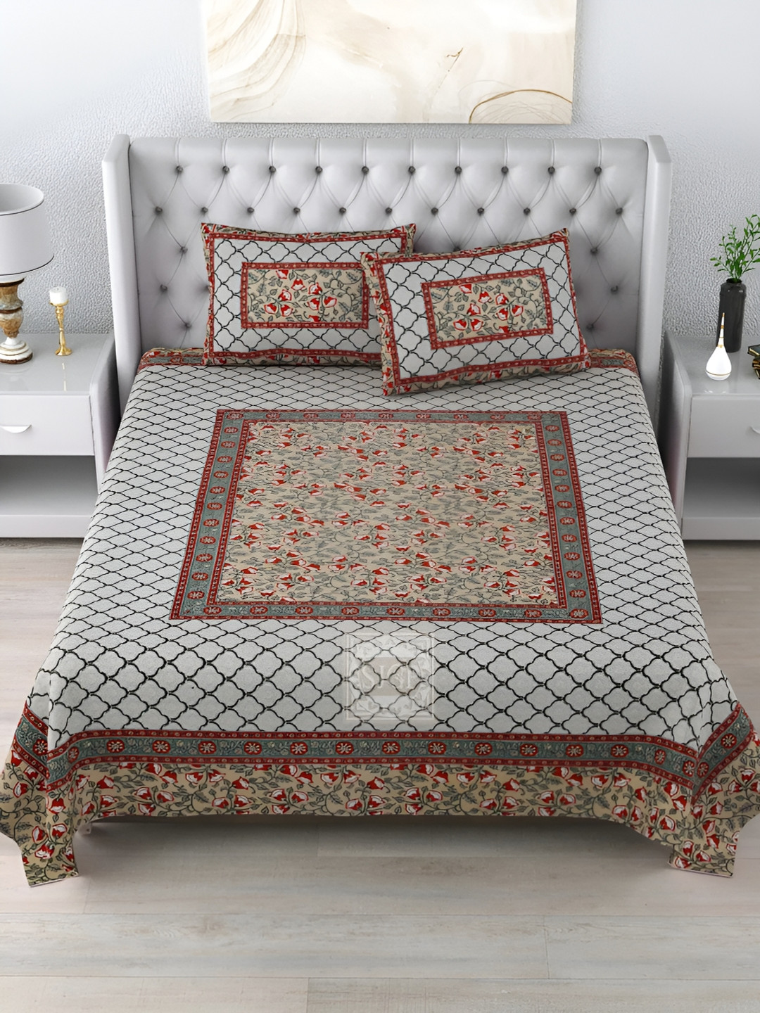 

LIVING ROOTS Double King Size Jaipur Block Print Cotton Double Bedsheet & 2 Pillow Covers, Grey