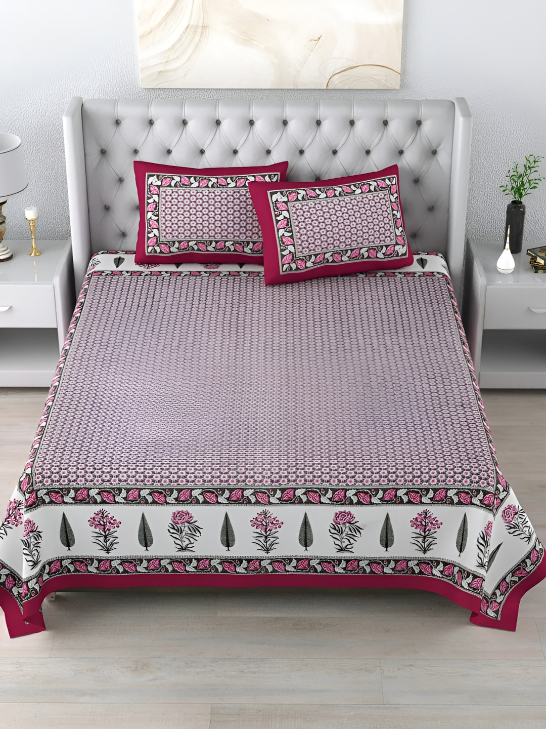 

LIVING ROOTS Double King Size Jaipur Block Print Cotton Double Bedsheet & 2 Pillow Covers, Pink