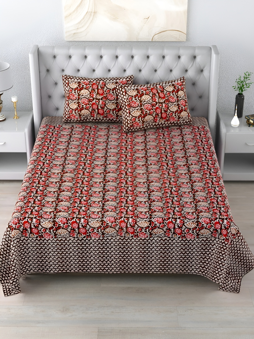 

LIVING ROOTS Double King Size Jaipur Block Print Cotton Double Bedsheet & 2 Pillow Covers, Red