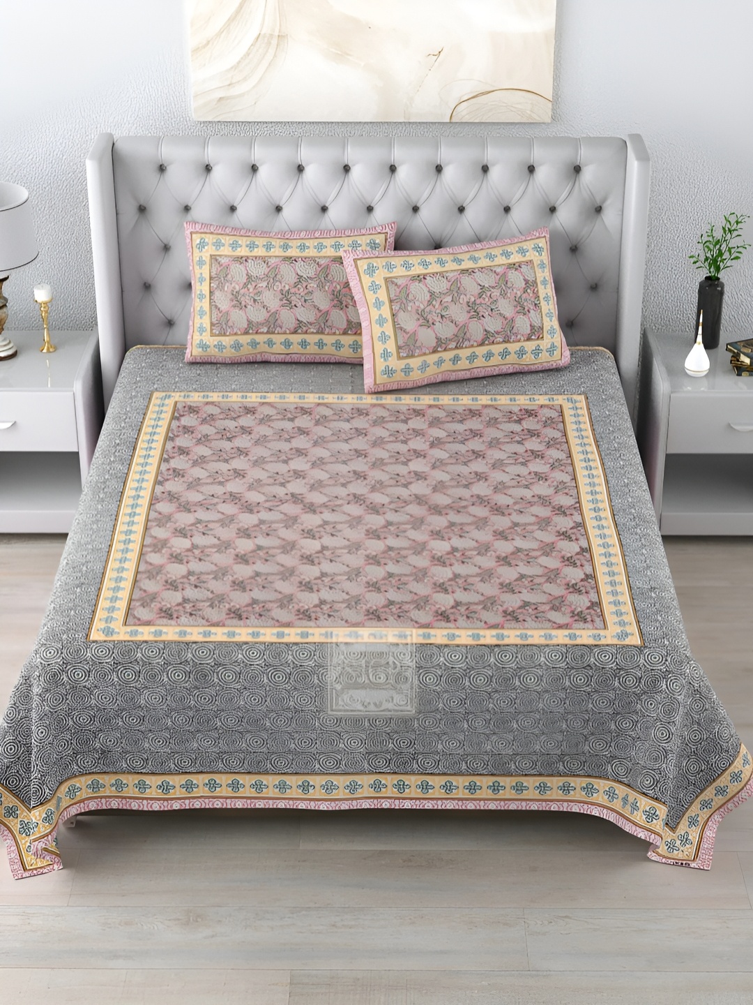 

LIVING ROOTS Double King Size Jaipur Block Print Cotton Double Bedsheet & 2 Pillow Covers, Grey