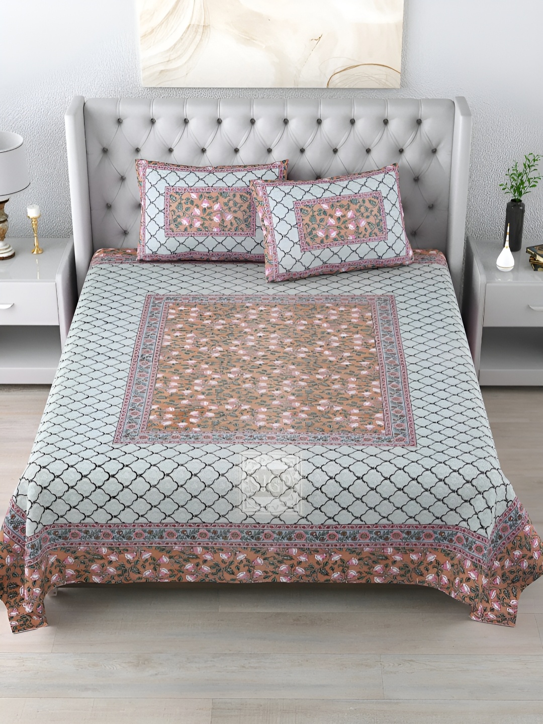 

LIVING ROOTS Double King Size Jaipur Block Print Cotton Double Bedsheet & 2 Pillow Covers, Green