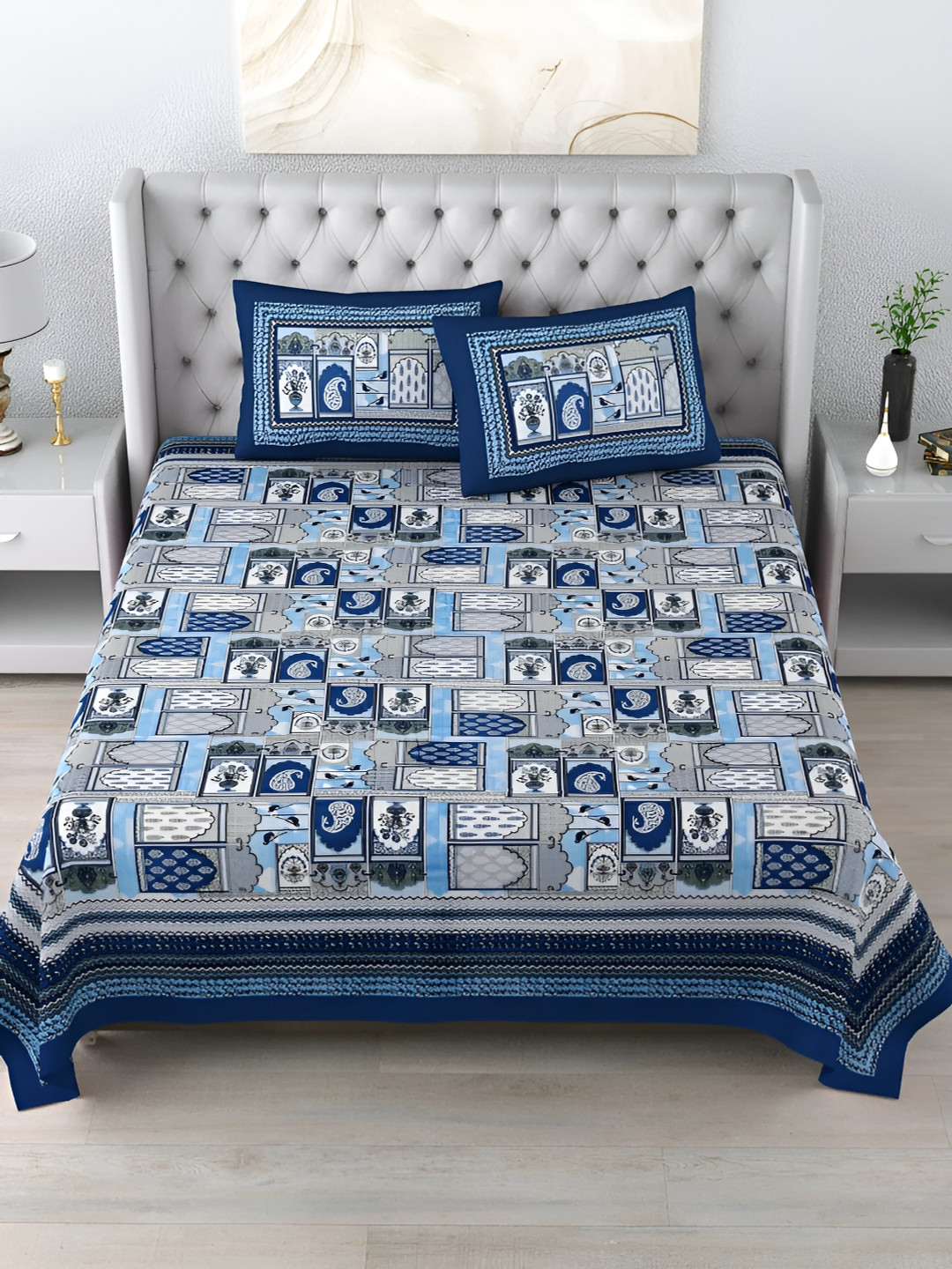 

LIVING ROOTS Double King Size Jaipur Block Print Cotton Double Bedsheet & 2 Pillow Covers, Blue