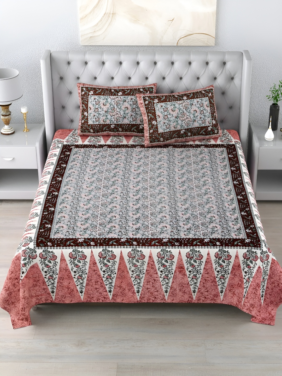 

LIVING ROOTS Double King Size Jaipur Block Print Cotton Double Bedsheet & 2 Pillow Covers, Maroon