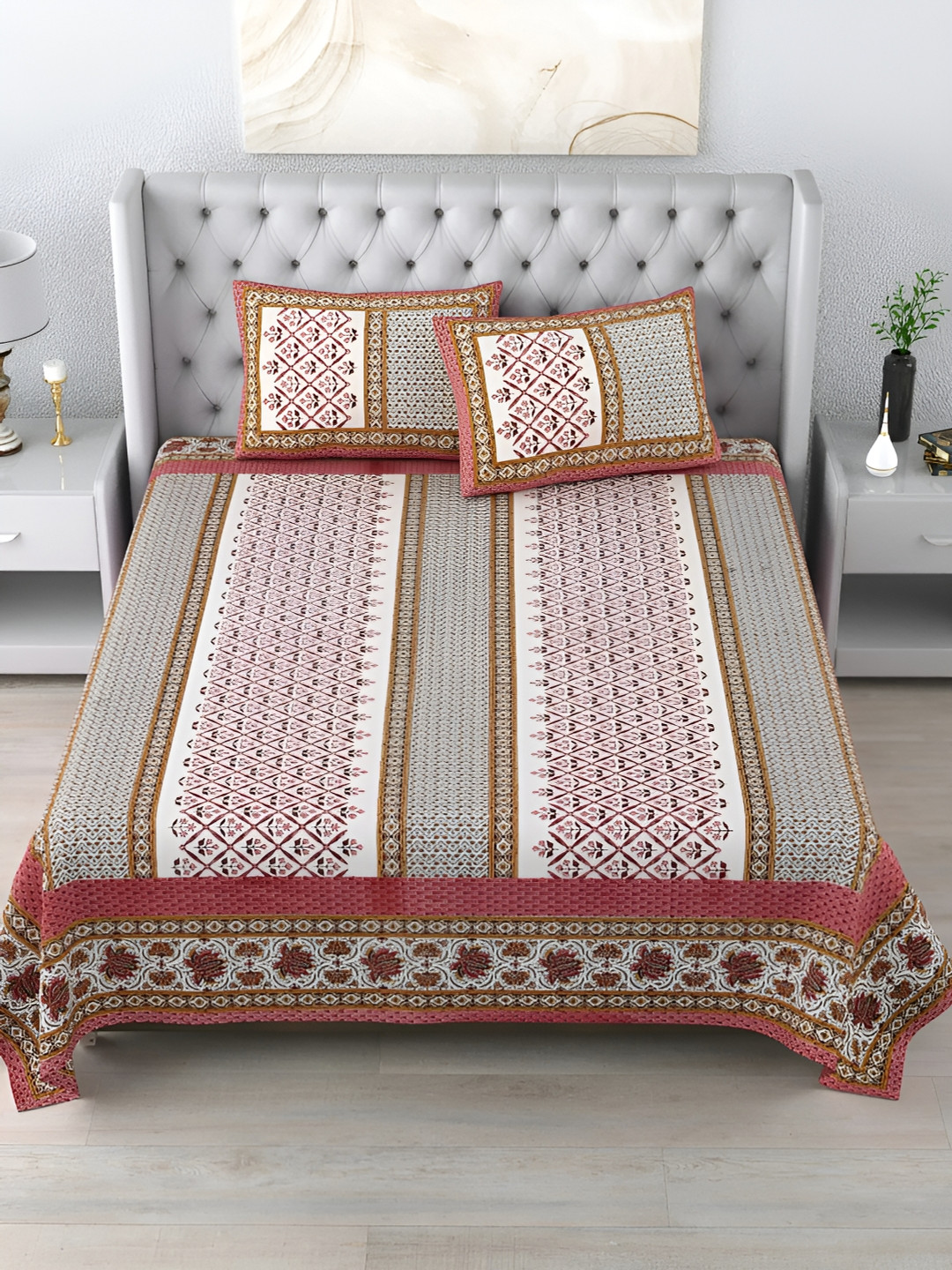 

LIVING ROOTS Double King Size Jaipur Block Print Cotton Double Bedsheet & 2 Pillow Covers, Pink