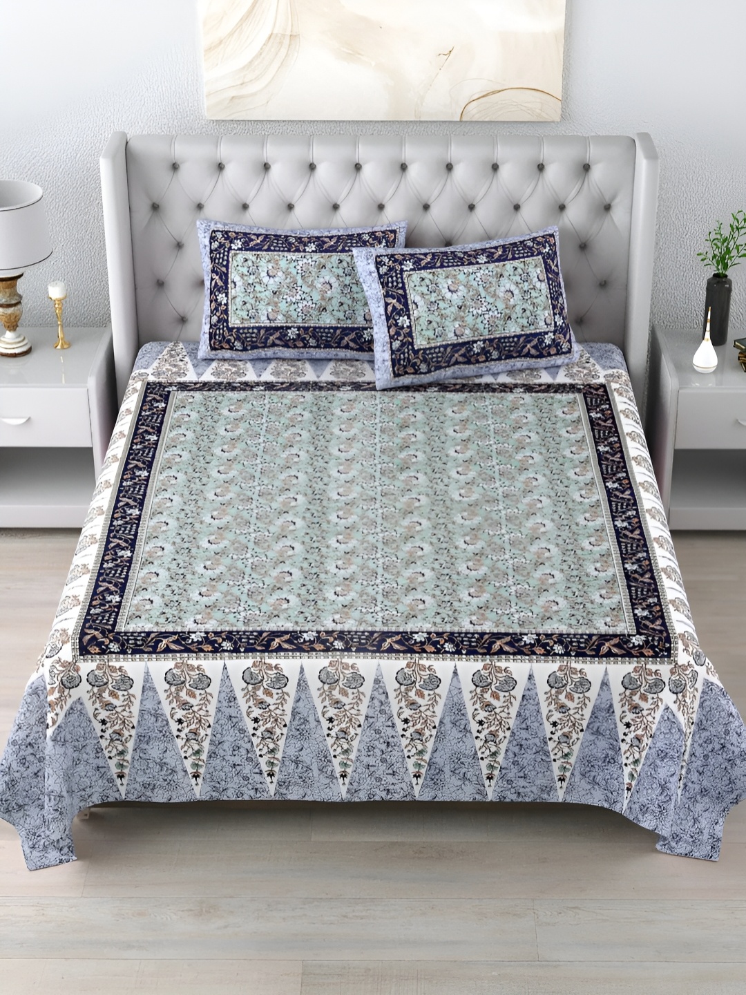 

LIVING ROOTS Double King Size Jaipur Block Print Cotton Double Bedsheet & 2 Pillow Covers, Blue