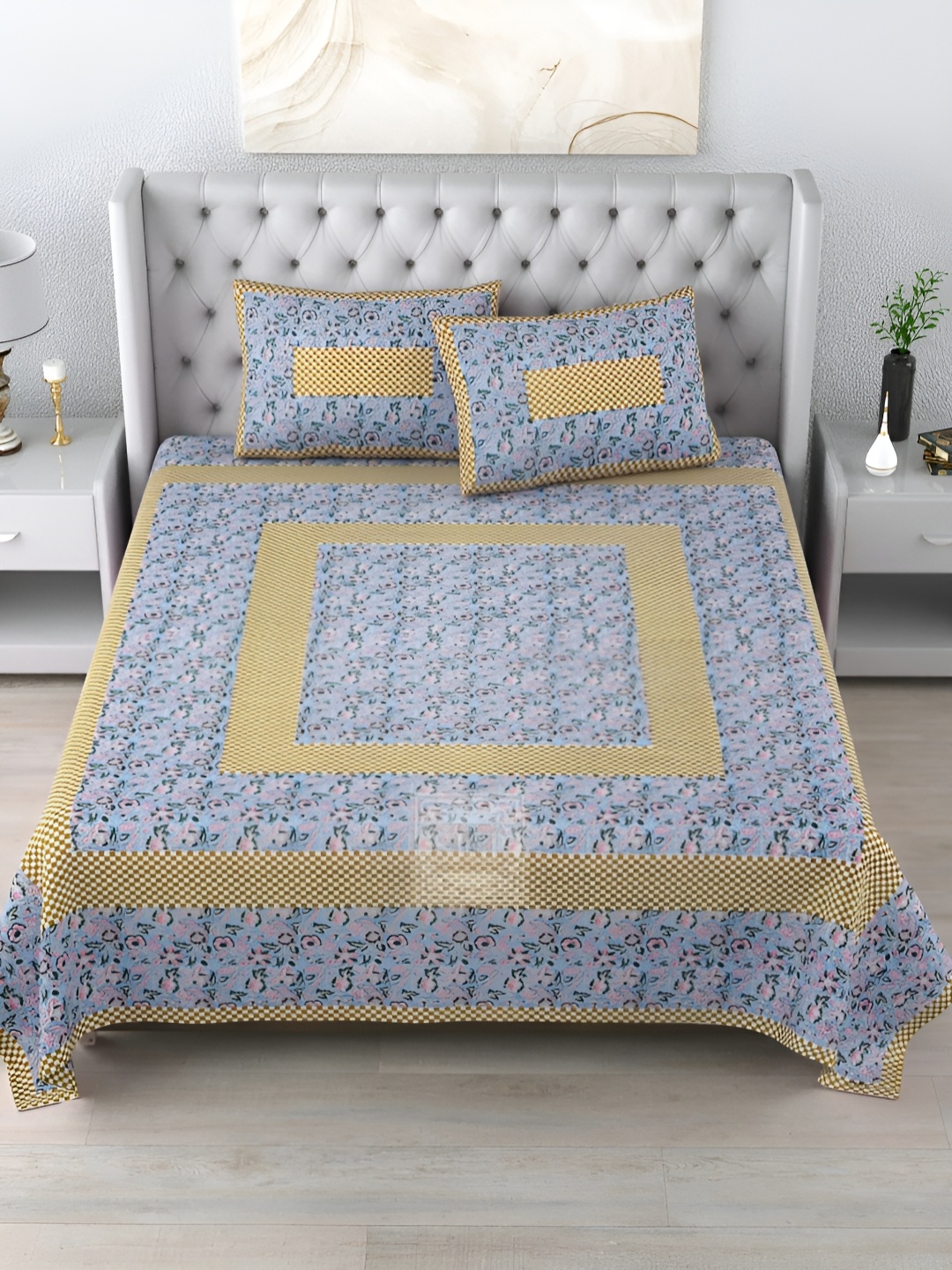 

LIVING ROOTS Double King Size Jaipur Block Print Cotton Double Bedsheet & 2 Pillow Covers, Blue