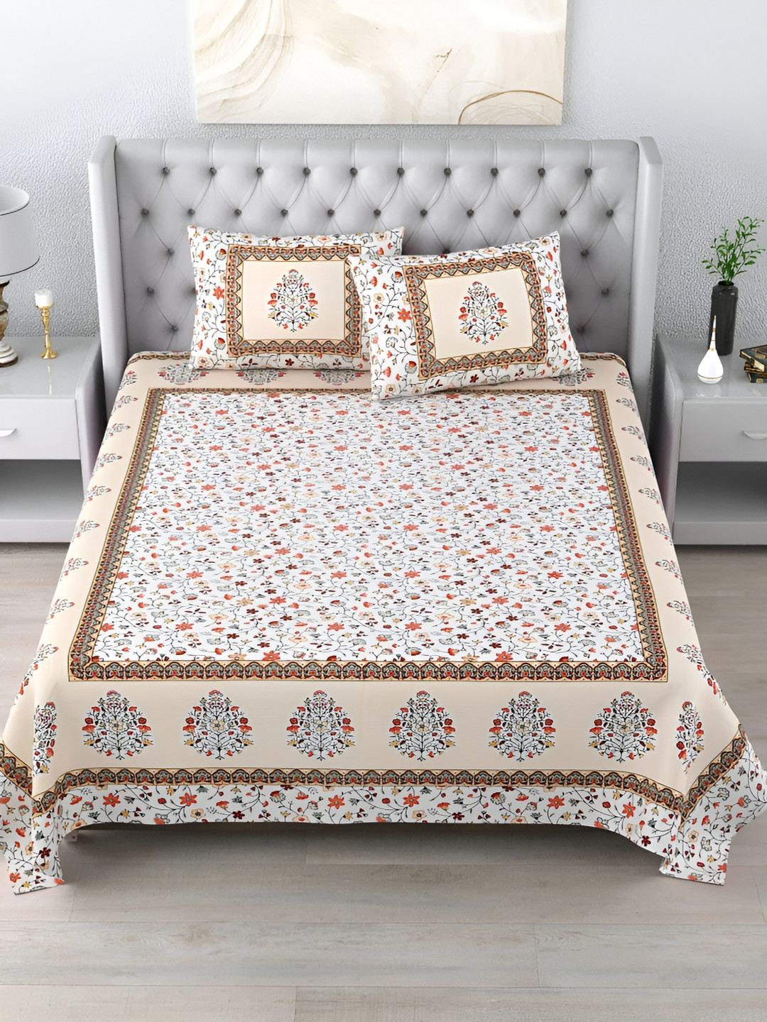 

LIVING ROOTS White & Red Floral Cotton 210 TC King Bedsheet With 2 Pillow Covers