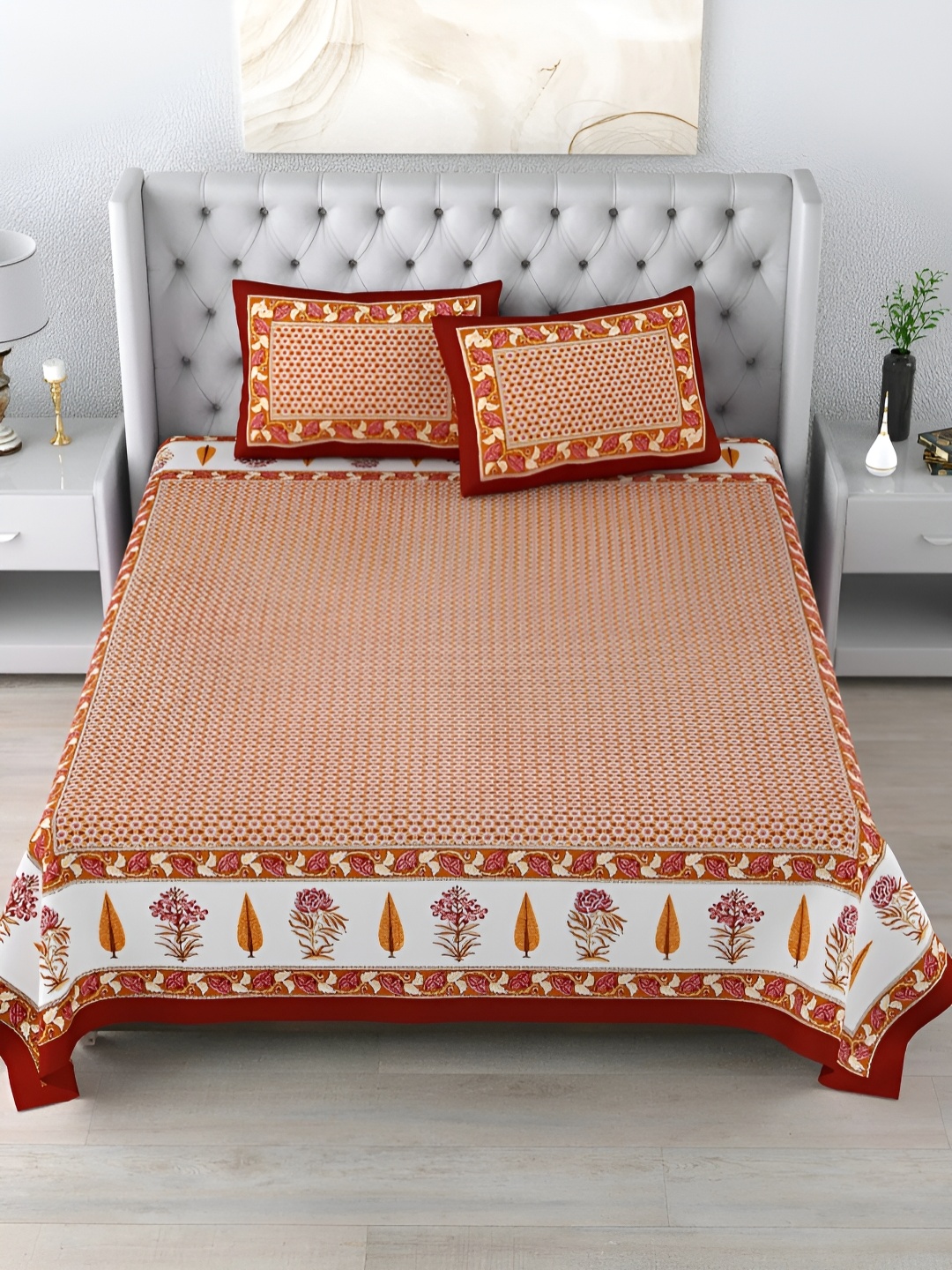 

LIVING ROOTS Double King Size Jaipur Block Print Cotton Double Bedsheet & 2 Pillow Covers, Maroon