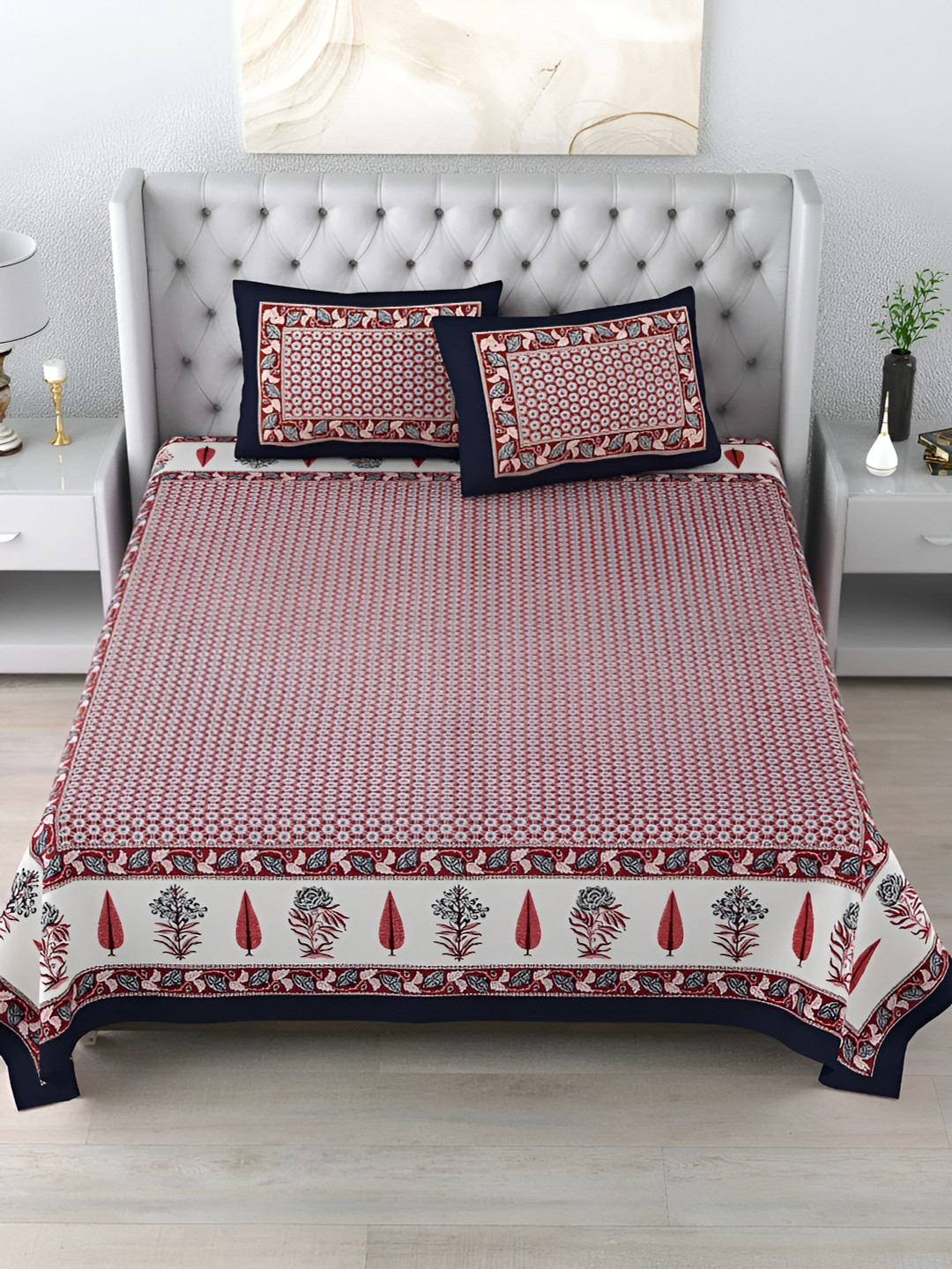 

LIVING ROOTS Double King Size Jaipur Block Print Cotton Double Bedsheet & 2 Pillow Covers, Blue