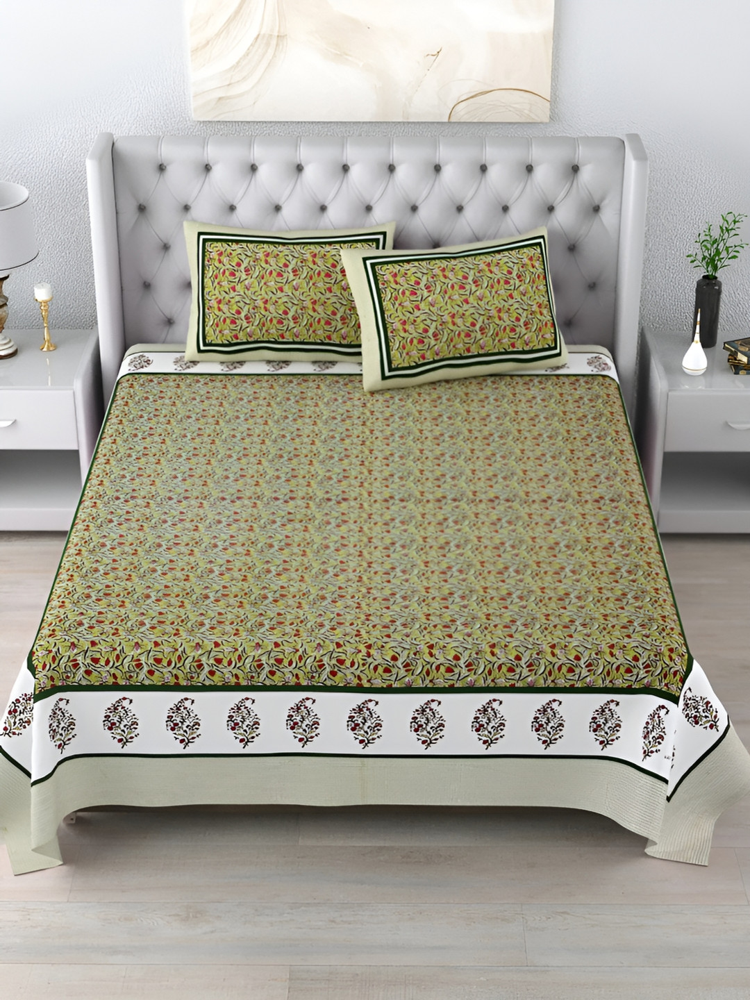 

LIVING ROOTS Green & Red Floral 210 TC Cotton King Bedsheet with 2 Pillow Covers