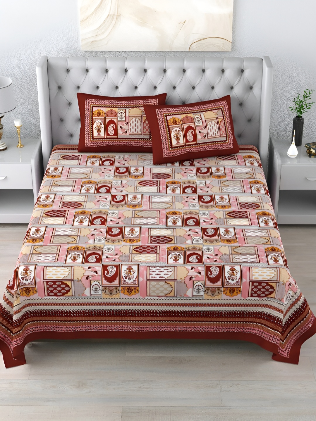 

LIVING ROOTS Double King Size Jaipur Block Print Cotton Double Bedsheet & 2 Pillow Covers, Maroon