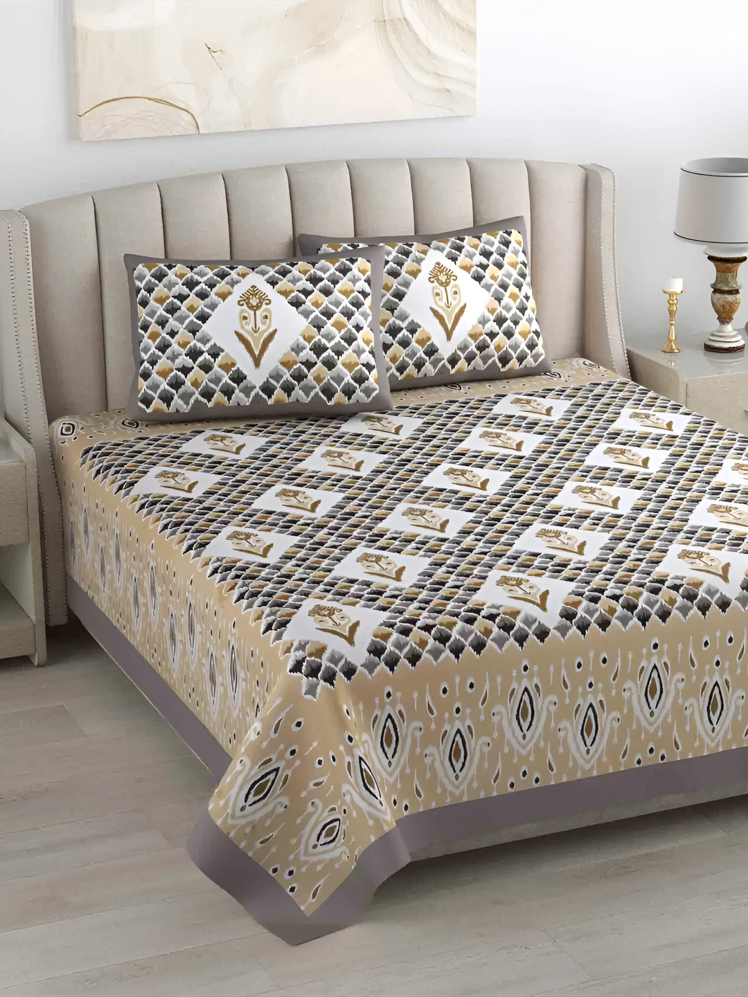 

LIVING ROOTS Brown & White Floral 300 TC Cotton King Bedsheet with 2 Pillow Covers