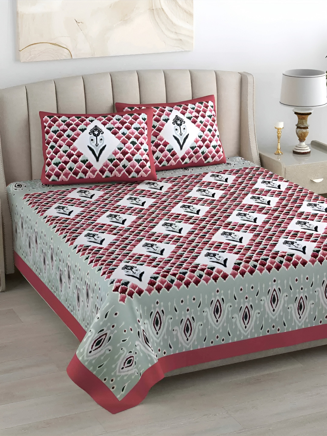 

LIVING ROOTS Red & Green Floral Cotton 300 TC King Bedsheet With 2 Pillow Covers