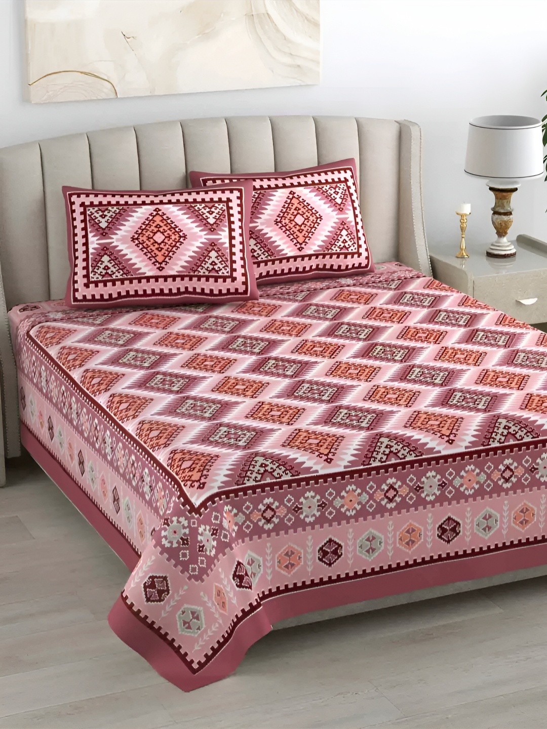 

LIVING ROOTS Super King Size Jaipur Block Print Cotton Double Bedsheet & 2 Pillow Covers, Pink