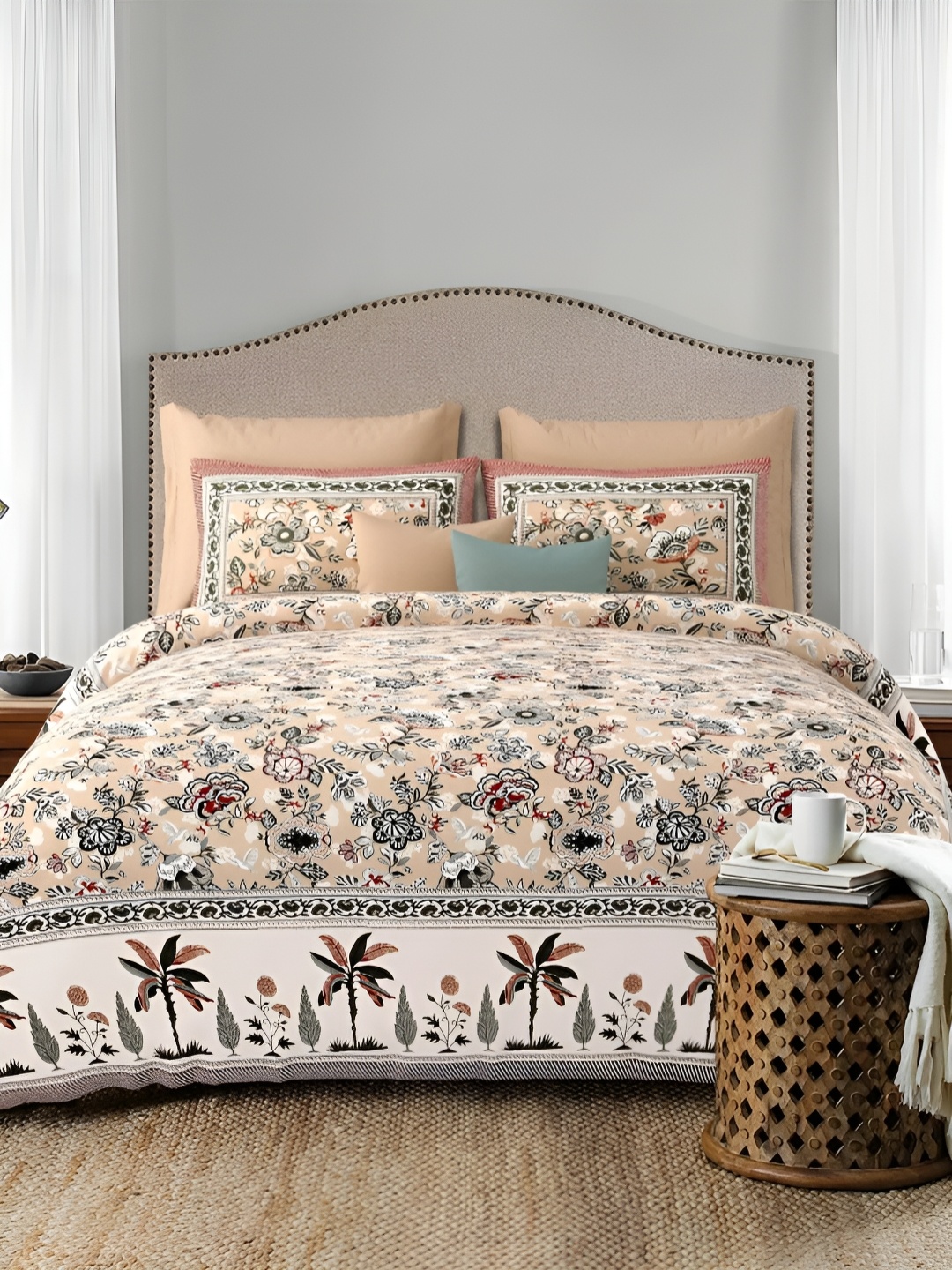 

LIVING ROOTS Beige & Grey Floral 300 TC King Bedsheet With 2 Pillow Covers