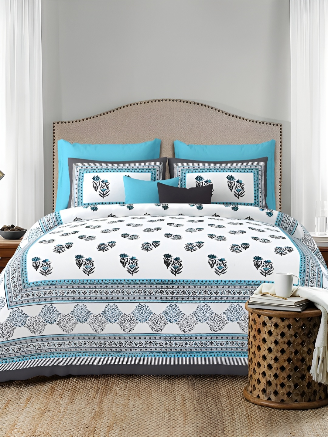 

LIVING ROOTS Blue & Grey Floral 300 TC King Bedsheet With 2 Pillow Covers