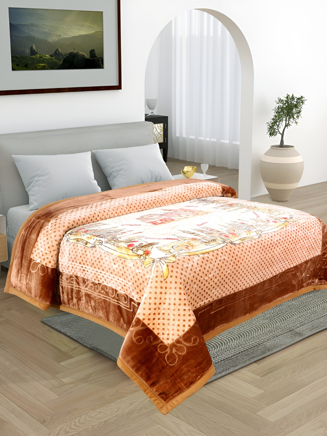 

WINSTON HOME White & Brown Printed Microfiber Heavy Winter 600 GSM Double Bed Blanket