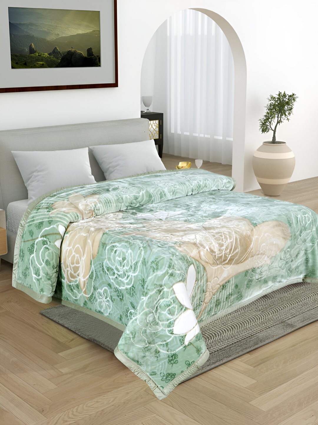 

ELSTONE HOME Green & White Floral Microfiber Heavy Winter 600 GSM Double Bed Blanket