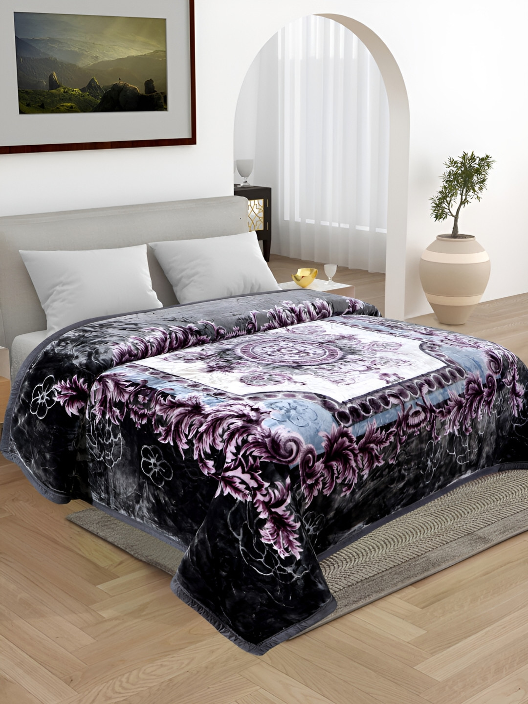 

ELSTONE HOME Black & Purple Floral Microfiber Heavy Winter 600 GSM Double Bed Blanket