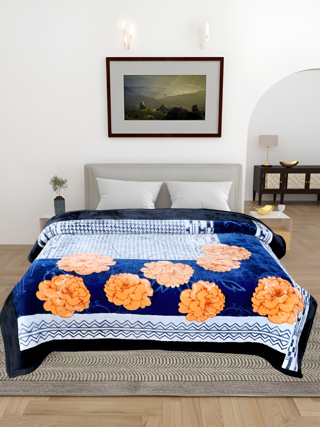 

ELSTONE HOME White & Blue Floral Microfiber Heavy Winter 600 GSM Double Bed Blanket