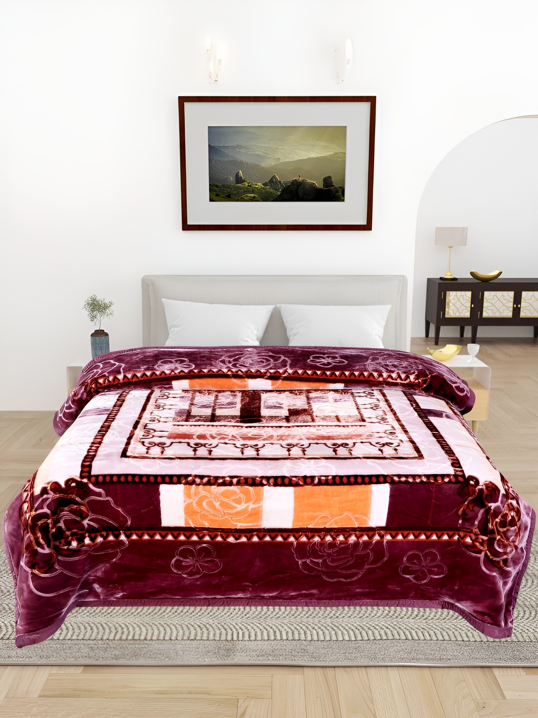 

ELSTONE HOME Red & Orange Floral Microfiber Heavy Winter 600 GSM Double Bed Blanket