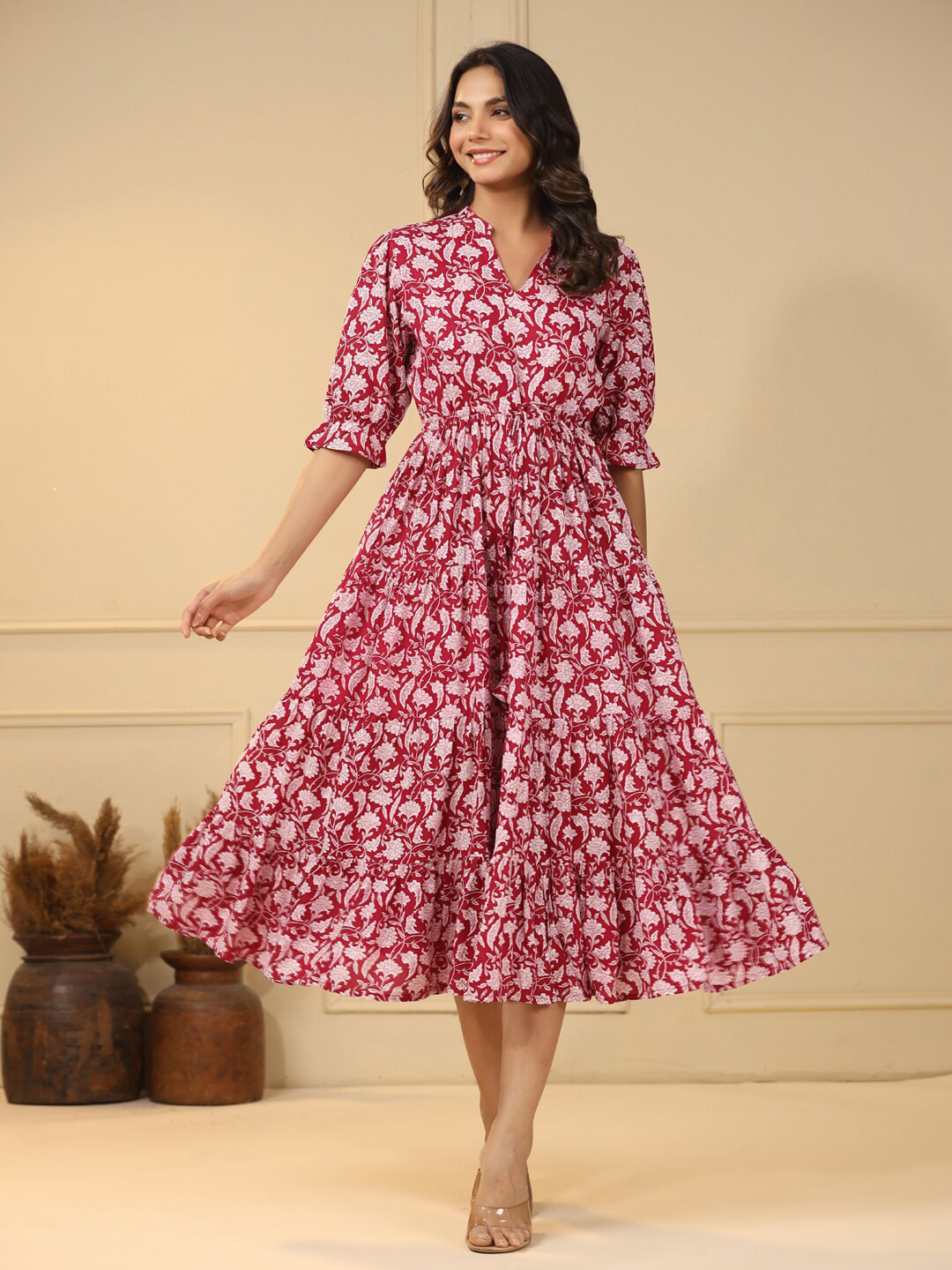 

mirari Floral Print A-Line Midi Dress, Maroon